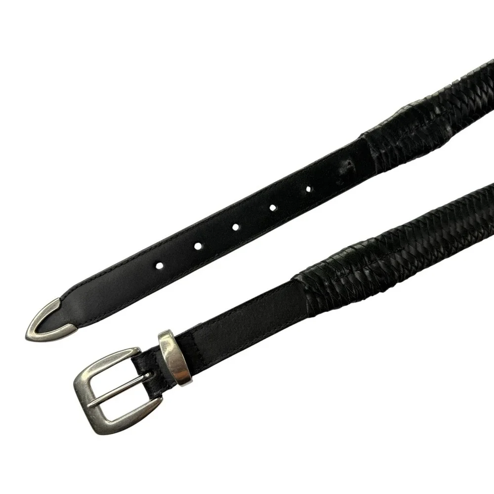 Genuine Leather Woven Braided Belt Black Silver Buckle Men's Large 100 108 Boho